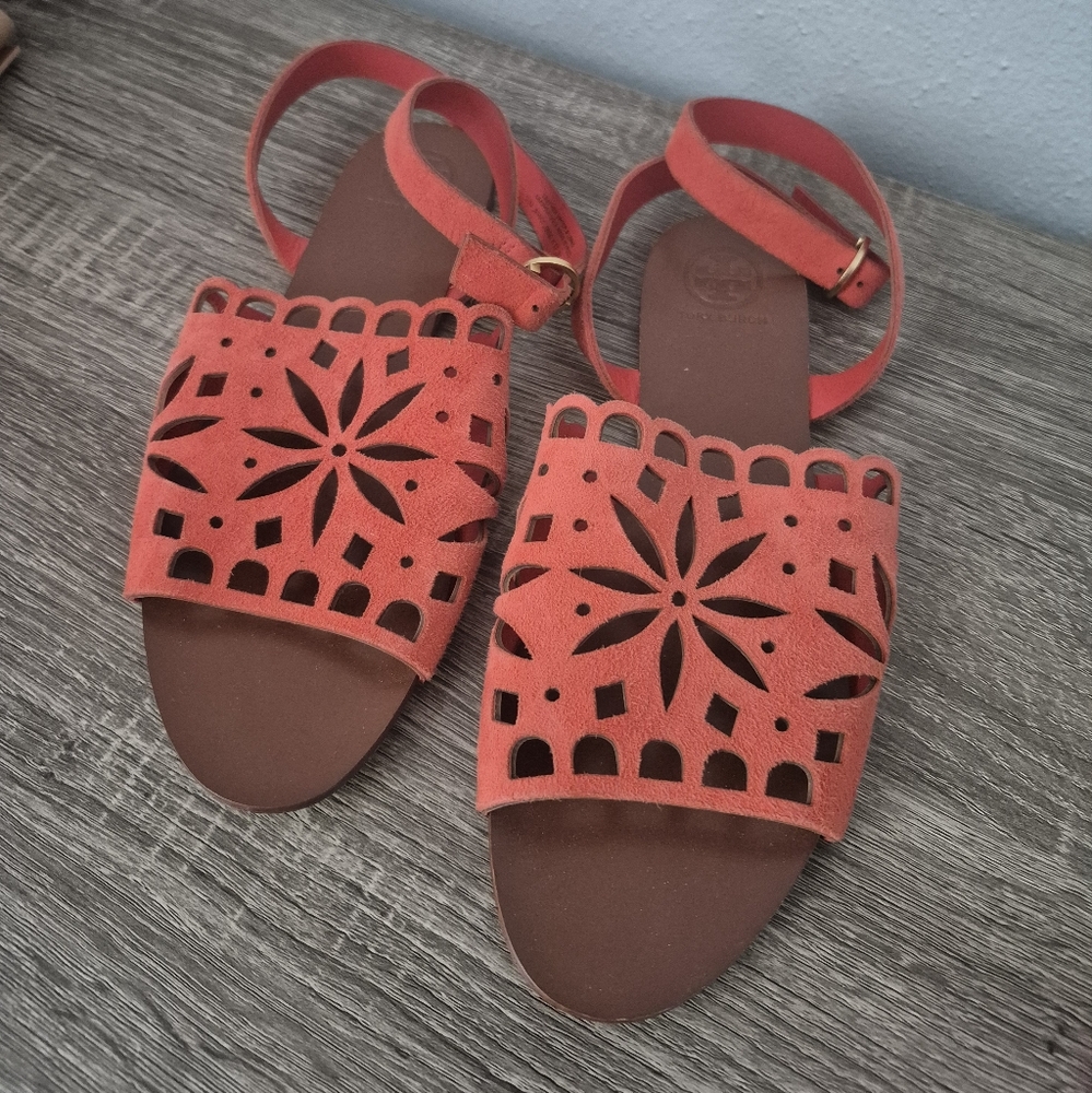 Tory Burch Coral May Strappy Leather Flat Sandals